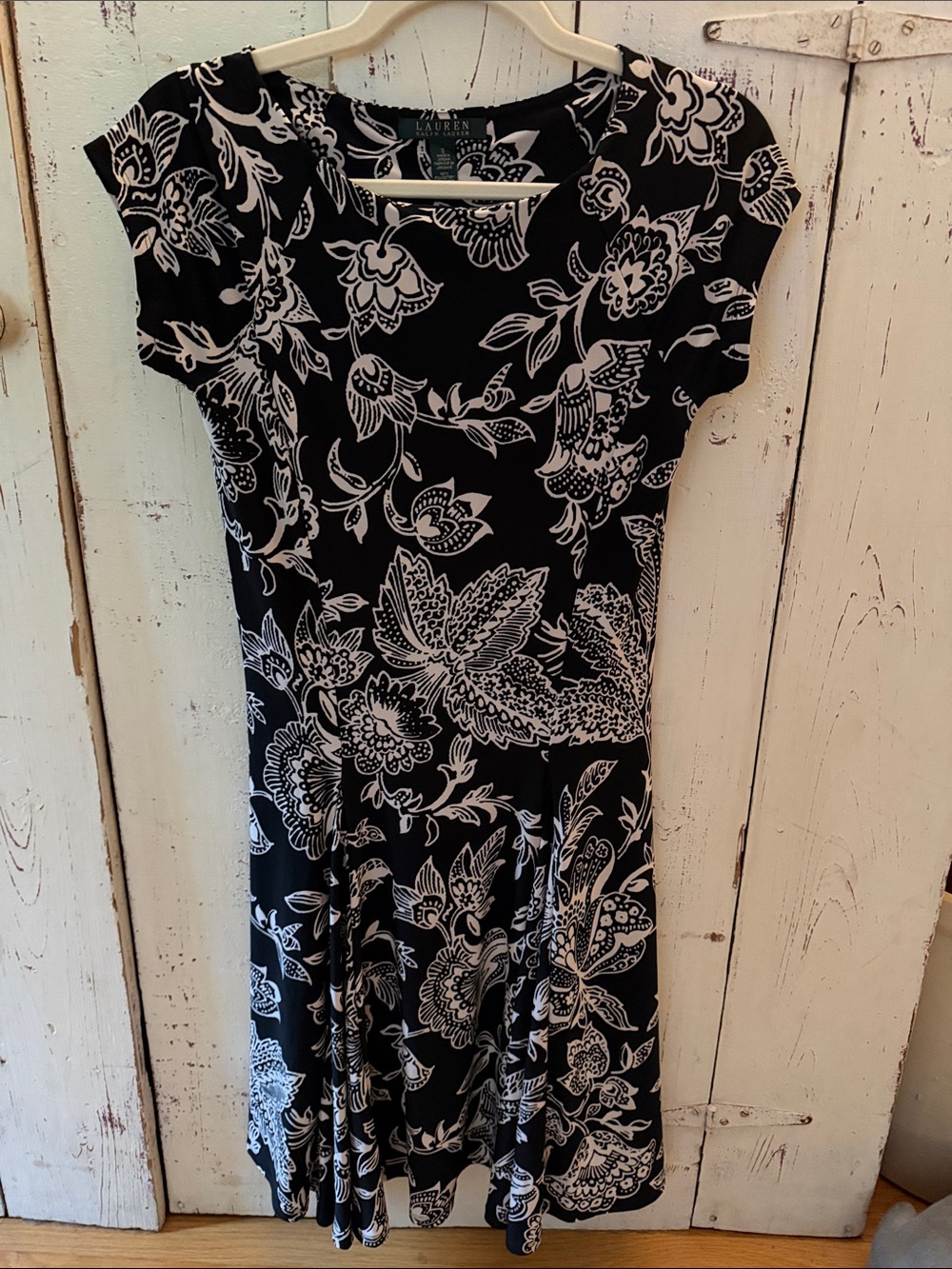 Lauren Ralph Lauren Black and White Floral Fit and Flare Dress Size S